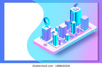 3D view of cityscape connected smartphone for Smart city concept. Can be used as web banner design.