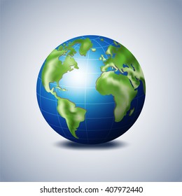 3d view of earth. World globe vector illustration with shadow on white background.