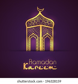 3D view of a golden mosque on purple background for holy month of muslim community Ramadan Kareem. 