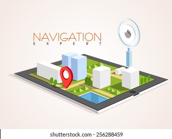 3D view of a map navigation on a tablet with magnifier glass on shiny background.