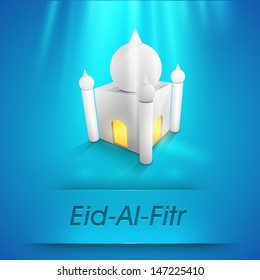 3D view of mosque for Muslim community festival Eid Al Fitr(Eid Mubarak) on shiny blue background. 