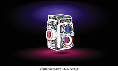 3d view of a multiple color strip vintage camera for advertisement.