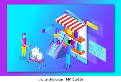 3D view of Online users shopping by mobile bookstore with payment card and trolley on glossy background. Responsive web banner or poster design.