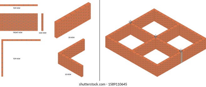 3D View of red bricks. top view, front view, and side view.