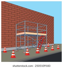 3D view vector illustration of scaffolding for construction work. Brick installation project. Using safety cone for barricade dangerous area.