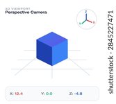 3D Viewport Interface Element with Blue Isometric Cube and XYZ Axis Gizmo for Software Design UI