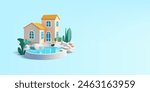 3D villa with a pool. A classic luxury home for vacation rentals and reservations. Banner for vacation, weekend, best summer concepts. Vector
