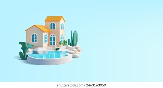 3D-Villa mit Pool. Ein klassisches Luxus-Haus für Ferienhäuser und Reservierungen. Banner für Urlaub, Wochenende, beste Sommerkonzepte. Vektorgrafik