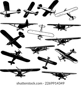 3 d Juego de avión de vintage representado desde diferentes ángulos, conjunto de siluetas de visión de avión retro desde diferentes ángulos