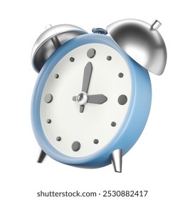 3D vintage blue alarm clock. Plastic body, metallic bell. Retro analog timer icon in perspective on white background. Realistic vector design. Time management concept, deadline, reminder