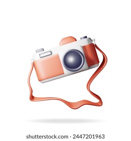 3d Vintage Camera Isolated on White. Render Classic Photo Camera Icon. Concept of Vacation or Holiday, Time to Travel. Realistic Vector Illustration