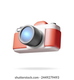 3d Vintage Camera Isolated on White. Render Classic Photo Camera Icon. Concept of Vacation or Holiday, Time to Travel. Realistic Vector Illustration