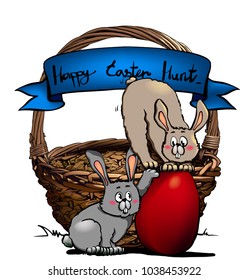 3D vintage colored Easter basket for eggs. Bunnys. Rabbit Spring celebration. Easter holiday scenes wicker basket. Vector isolated picnic withe basket on white background. 