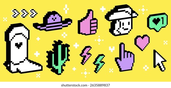 3D vintage cowboy and cowgirl icon emoji. Pixel art. Y2k collage sticker set. Cowboy hat, cowboy boot, cactus emoji. 3D bright retro digital wild west geometric objects isolated on yellow background