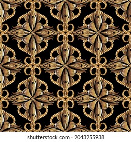 3d vintage Damask seamless pattern. Ornamental vector beautiful background. Repeat backdrop. Gold floral ornament. Baroque style flowers. Golden ropes. Textured ornate design. Endless surface texture.