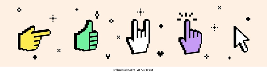 3D vintage different hand gestures vector icon set. Pixel art. Y2k pointing finger sticker. Bright geometric objects isolated on white background. Rock hand symbol. 3D thumbs up like emoji. Cursor