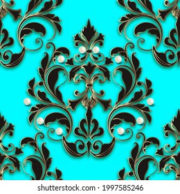 3d vintage floral seamless pattern. Ornamental vector background. Luxury repeat blue backdrop. Ornate gold Damask ornaments. Jewelry design with flowers, leaves, white pearls, gemstones, swirls.