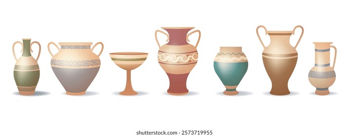 3D vintage greek vases. Ceramic vases collection isolated vector illustration