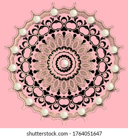 3d vintage jewelry mandala pattern. Floral elegance round ornaments. Volume 3d pearls gemstones. Beautiful ornamental pink background. Luxury design for cards, wedding, invitation, print. Gold flower.