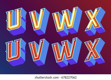 3D vintage letters with fluorescent neon lights and ON/OFF switch mode. Vector retro illustration
