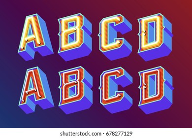 3D vintage letras com luzes neon fluorescentes e modo de interruptor ON / OFF. Ilustração retrô vetorial