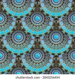 3d vintage mandalas seamless pattern. Ornamental vector beautiful background. Jewelry backdrop. Colorful floral tiled ornaments. Abstract blue circle flowers. Textured ornate design. Endless texture.