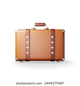 3D vintage old travel suitcase isolated. Render leather retro bag. Brown briefcase with belts. Travel baggage and luggage. Holiday or vacation. Transportation concept. Realistic vector illustration