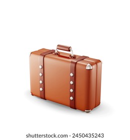 3D vintage old travel suitcase isolated. Render leather retro bag. Brown briefcase with belts. Travel baggage and luggage. Holiday or vacation. Transportation concept. Realistic vector illustration