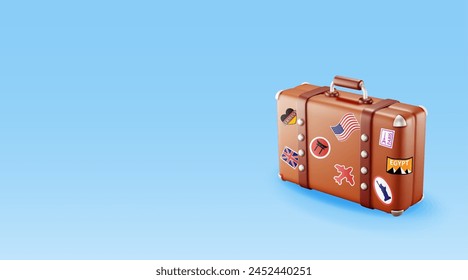 3D vintage old travel suitcase isolated. Render leather retro bag. Brown briefcase with belts. Travel baggage and luggage. Holiday or vacation. Transportation concept. Realistic vector illustration