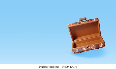 3D vintage old travel suitcase isolated. Render leather retro bag. Brown briefcase with belts. Travel baggage and luggage. Holiday or vacation. Transportation concept. Realistic vector illustration