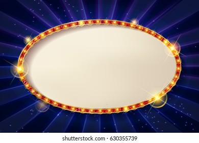 3d Vintage oval frame with a blank space for your text, messages, advertising, promotion. Gold frame with red neon light. Vector illustration