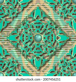 3d vintage seamless pattern. Textured grunge background. Abstract repeat striped backdrop. Baroque Damask style green ornaments. Jewelry surface modern design with flowers, leaves, chains, 3d buttons.