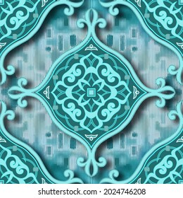 3d vintage seamless pattern. Textured grunge background. Abstract repeat backdrop. Arabesque Damask style light blue ornaments. Surface modern design in turquoise colors. Flowers, leaves, shadows.