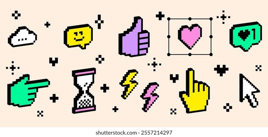 3D vintage social media icon emoji. Pixel art. Y2k modern online communication collage sticker set. Smile face, like, speech bubble message. 3D bright geometric objects isolated on white background