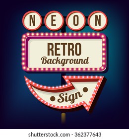 3d Vintage street sign. Retro banner with glowing lights. Volume symbol of the frame. Design element for your poster, advertising, text. Night sign with arrow. Frame, arrow icons. Vector illustration