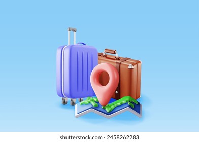 3d vintage suitcase with folded paper map isolated. Render leather classic and modern travel bag with map. Travel element. Holiday or vacation. Transportation concept. Vector Illustration