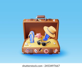 3d vintage suitcase with tropical beach inside. Render leather classic travel bag with stickers, flipflops, sunglasses and hat on beach. Travel holiday or vacation, transportation. Vector Illustration