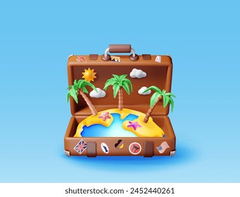 3d vintage suitcase with tropical island inside isolated. Render leather classic travel bag with stickers and palm on beach. Travel element. Holiday or vacation, transportation. Vector Illustration