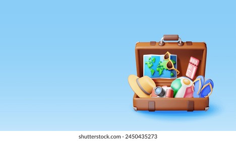 3d vintage travel bag with airline ticket, map and beach clothes. Render paper ticket with plane icon, suitcase and photo camera. Travel, holiday or vacation and transportation. Vector illustration