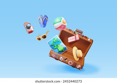 3d vintage travel bag with airline ticket, map and beach clothes. Render paper ticket with plane icon, suitcase and photo camera. Travel, holiday or vacation and transportation. Vector illustration