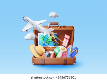 3d vintage travel bag with airline ticket, map and beach clothes. Render paper ticket with plane icon, suitcase and photo camera. Travel, holiday or vacation and transportation. Vector illustration