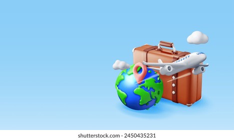 3d bolso de viaje vintage, globo y avión. Render maleta clásica de cuero y planeta tierra. Elemento de viaje. Festiva o vacaciones. Transporte, concepto de viaje. Ilustración vectorial