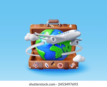 3d vintage travel bag, globe and airplane. Render classic leather suitcase and planet earth. Travel element. Holiday or vacation. Transportation, trip concept. Vector illustration