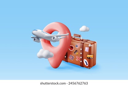 Bolso de viaje vintage 3d, pin de ubicación y avión. Render maleta clásica de cuero y aviones. Elemento de viaje. Festiva o vacaciones. Transporte, concepto de viaje. Ilustración vectorial