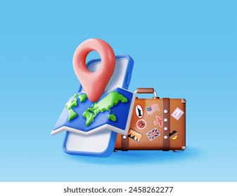 Bolso de viaje vintage 3D, mapa del mundo y pin en smartphone. Bolso de viaje clásico de cuero con pegatinas y mapa. Viajes, vacaciones o vacaciones. Transporte, App de reservas en línea. Ilustración vectorial