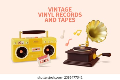 3d Vintage Vinyl Records and Tapes Concept Cartoon Style Include of Gramophone, Boombox and Audio Cassette. Vector illustration