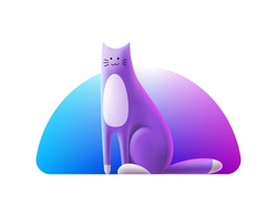 3D Violet Cute Cat With White Paws On Gradient Background. Volumetric Cartoon Illustration Of Happy Funny Kitten In Blue And Lilac Colors. Isolated Vector Template Of Sitting Cat.
