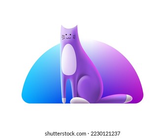 3D violet cute cat with white paws on gradient background. Volumetric cartoon illustration of happy funny kitten in blue and lilac colors. Isolated vector template of sitting cat.