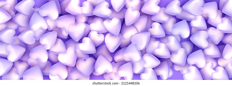 3d violet hearts pattern background. Scattered hearts like candy. Valentine's day banner. Vector illustration.