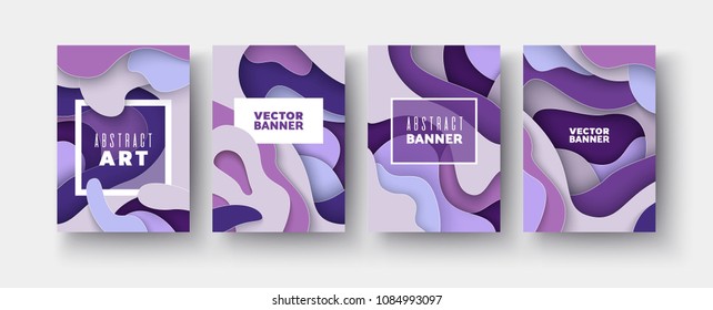 3d violet layers of wave shapes Style of paper cut Abstract colorful background for business covers, presentations, posters, flyers Set of 4 A4 banners with space for text